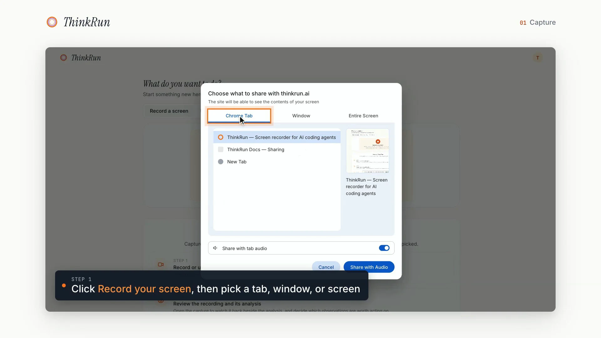 Chrome capture chooser with a ThinkRun tab selected and options to record a window or the entire screen