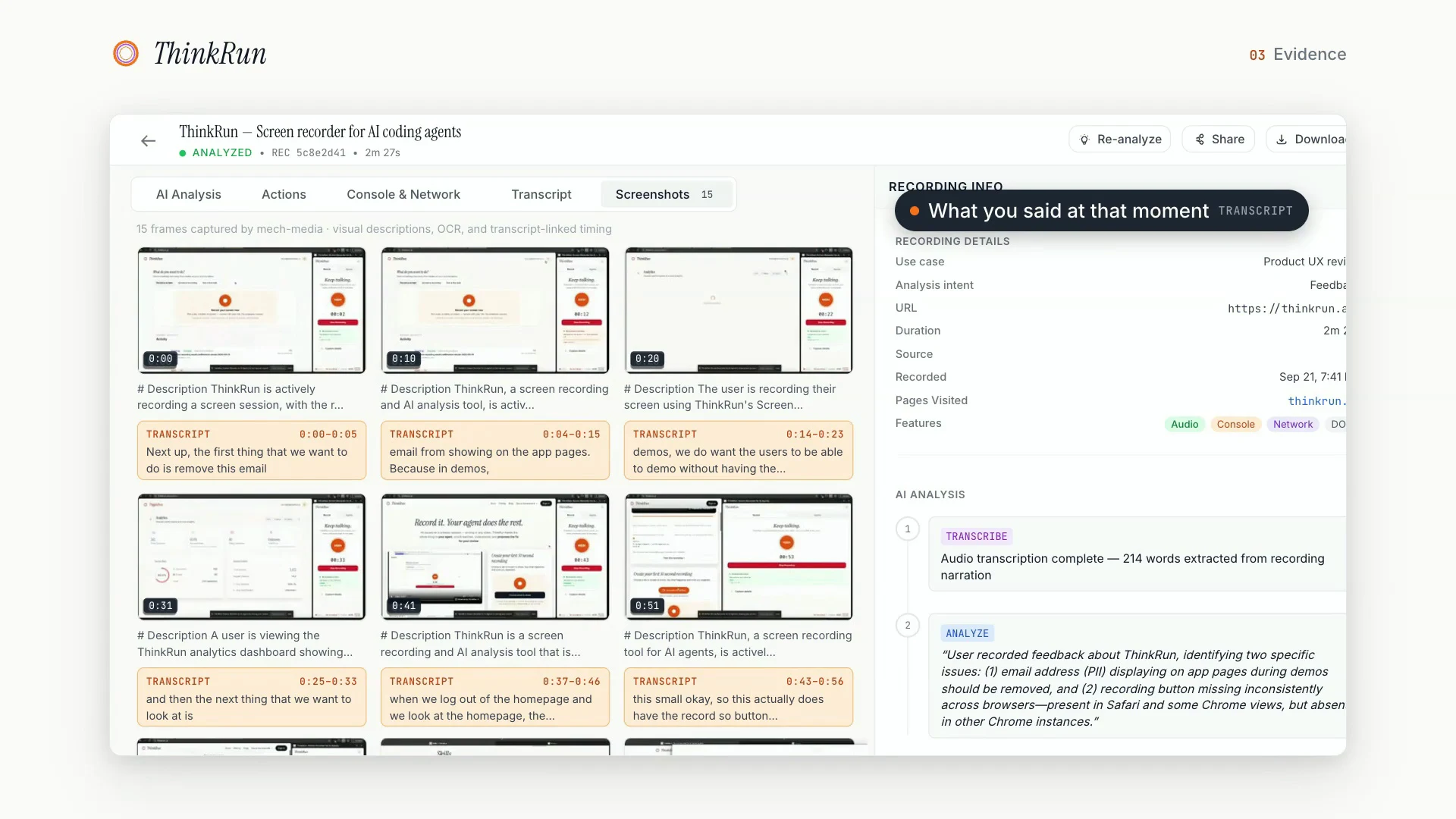ThinkRun screenshot grid pairing captured frames with timestamps and the words spoken at each moment