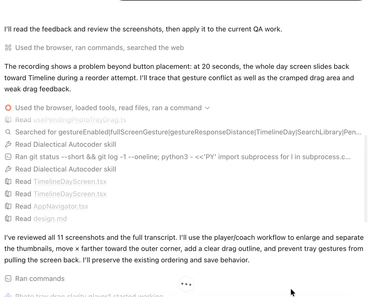 Codex's response identifies a conflict between reordering a photo and back navigation, then outlines changes to spacing, remove controls and drag feedback.